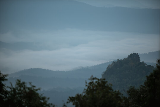 Morning sea of mist on top of a high mountain.