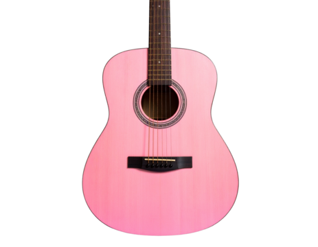  Classic pink acoustic guitar front view with six strings isolated on transparent background PNG