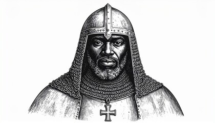 Ink Illustration of a Black Crusader Knight with Helmet and Chainmail