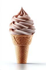 Delicious Chocolate Soft Serve Ice Cream Cone on Crisp Waffle Cone Isolated on White Background