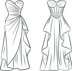 Cad drawing flat vector illustration of elegant strapless evening dresses, bridal gown sketch, fashion template, formal wear concept art