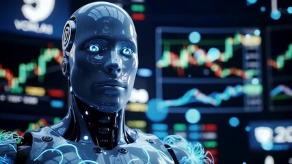 AI Robot Monitoring Stock Market Trends. An intelligent robot observes dynamic stock market trends on multiple screens, representing AI in modern finance and digital trading systems. - Powered by Adobe