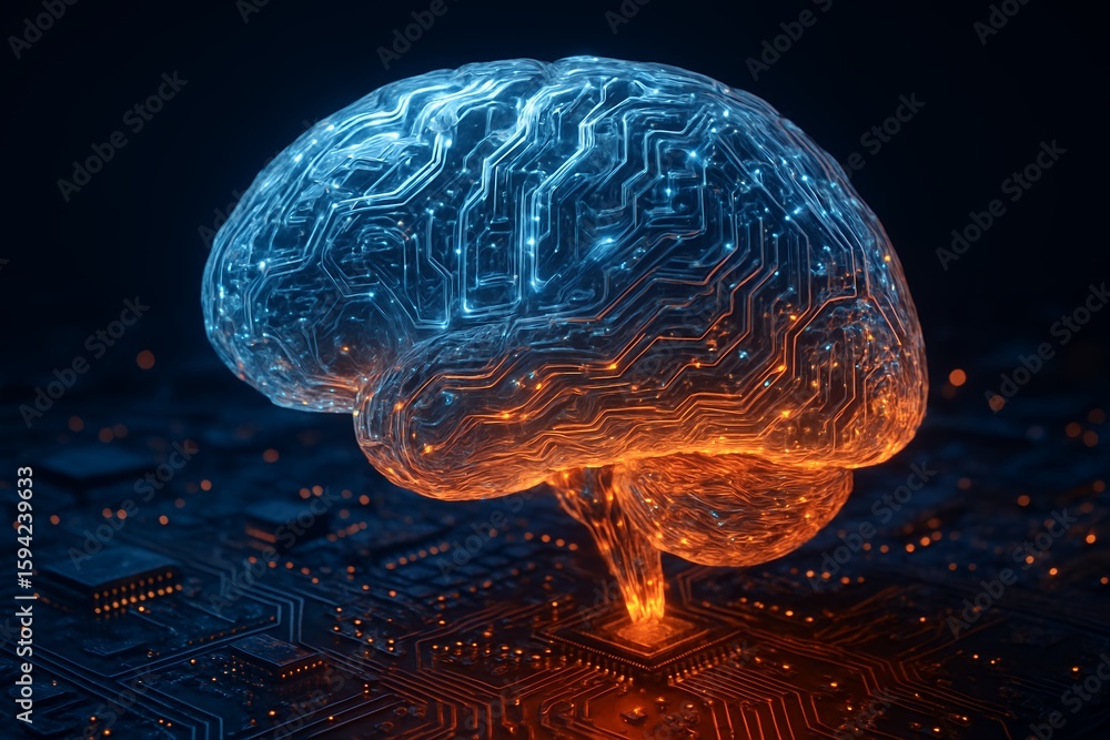 Poster digital brain circuit board concept with blue and orange hues on a dark background, concept for arti