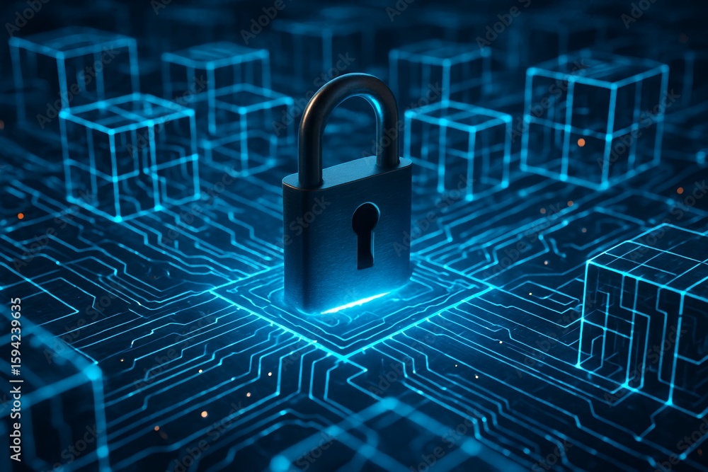 Poster stylized padlock on circuit board backdrop with luminous cubes conveying digital security, concept f