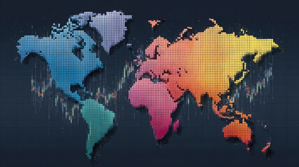 Digital pixel world map with colorful continents and stock market