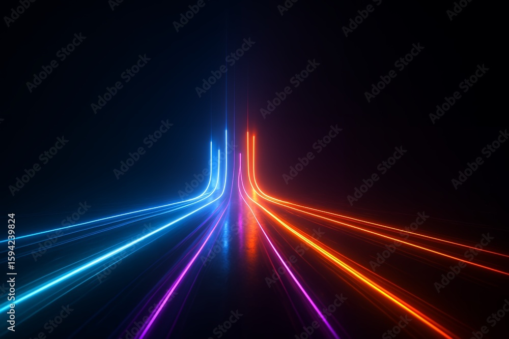 Poster abstract glowing neon lines on dark background with reflection, concept for futuristic technology di