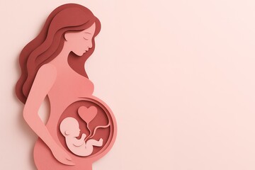 Elegant paper-cut illustration of a pregnant woman silhouette with baby inside her womb. Concept for maternity designs, gynecology clinic advertisements and pregnancy announcement cards