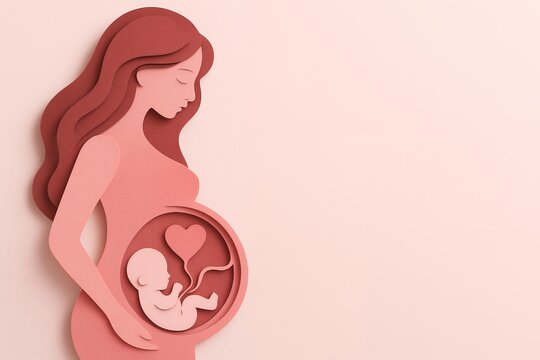 Elegant paper-cut illustration of a pregnant woman silhouette with baby inside her womb. Concept for maternity designs, gynecology clinic advertisements and pregnancy announcement cards