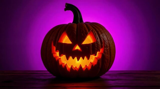 A menacingly carved Halloween pumpkin shines with spooky light against a deep and vibrant purple backdrop in stunning four kay resolution.