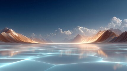 Stunning futuristic landscape with glowing water and mountain ranges
