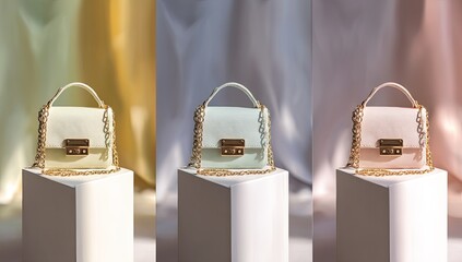 Three pastel-toned handbags on white pedestals, draped in soft color backgrounds