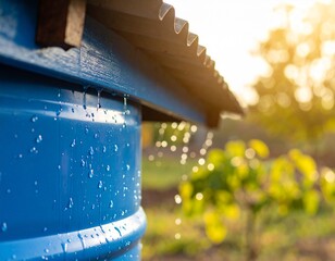 Rainwater Harvesting: The photo showcases a rainwater harvesting system, highlighting the significance of water conservation. Drops of rainwater cascade from the rooftop into a blue tank.