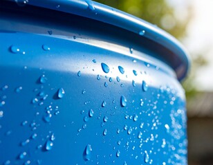 Blue Barrel with Raindrops: Close-up shot of a sleek blue barrel glistening with freshly formed water droplets.