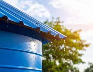 Rainwater Harvesting from Roof: A close-up shot of a blue water tank with a metal roof that's collecting rain with droplets, emphasizing sustainability and environmental responsibility.