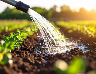 Watering the Garden: A close-up shot of a garden hose spraying water onto fresh, young plants and soil. This depicts how to cultivate a thriving garden