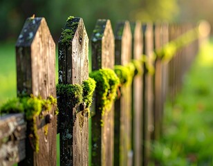 Weathered Fence: A wooden fence, weathered by time and nature, stands steadfast against the backdrop of a sunlit field, its surface adorned with vibrant moss.