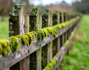 Aged Fence of the Field: A weathered, moss-covered wooden fence stretches across a green field, whispering tales of time and nature's gentle embrace.