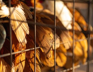 Captured Feathers: An evocative image displaying an assortment of brown and orange feathers nestled behind a wired enclosure, evoking an aesthetic sensation