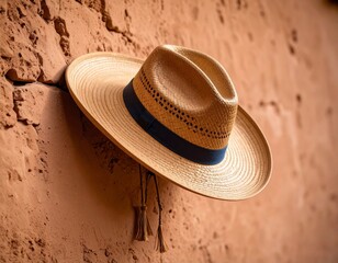 Hat on Brick Wall: A sun-kissed straw hat, adorned with a navy band, hangs casually against a textured brick wall, evoking a sense of relaxation and the spirit of exploration.