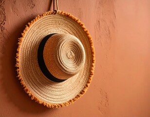 Woven Sun Hat: An elegant woven sun hat hangs gracefully against a warm, textured terracotta-colored wall, the perfect accessory for embracing sun-kissed days and relaxed moments.