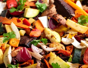 Garden Harvest: An inviting collection of freshly chopped vegetables, a cornucopia of vibrant colors and textures, perfectly arranged to evoke culinary inspiration and the essence of a healthy diet.