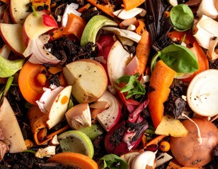 Composting process: An overhead perspective captures the natural decay and transformation of organic materials in a vibrant compost pile. Emphasizing sustainable practices and environmental awareness.