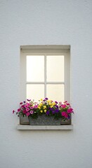 A white-framed window with a flower box filled with colorful pink, yellow, and purple flowers against a textured white wall.