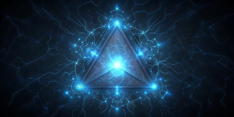 A glowing blue triangular crystal is surrounded by energetic particles and light.