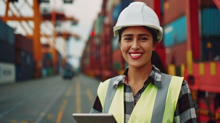 Portrait of a female worker in warehouse, Female industrial engineer working on tablet computer, Inspector or safety supervisor in container terminal, blurred background. 