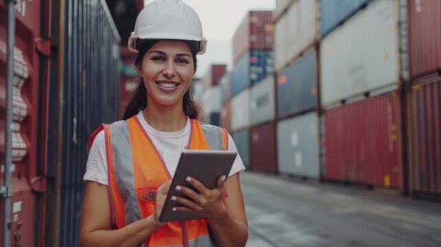 Portrait of a female worker in warehouse, Female industrial engineer working on tablet computer, Inspector or safety supervisor in container terminal, blurred background.  - Powered by Adobe