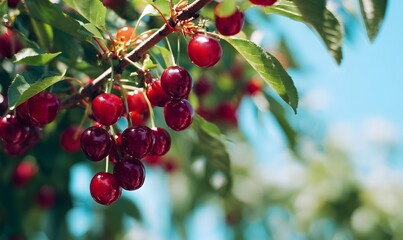 Obraz premium Sour cherries on the tree, deep red color, big fruits