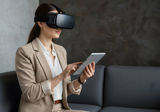 A woman wearing VR headset and using a tablet while seated on a sofa, indoors. - Powered by Adobe