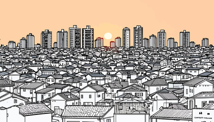 Illustration Vector SVG Design of Cityscape with Buildings and Houses in Line Art Style Peach Background