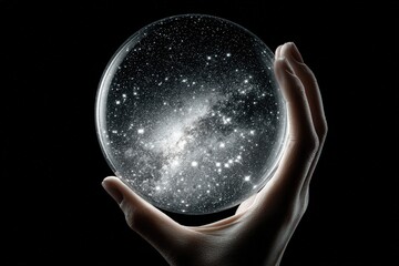 Hand Holding a Crystal Ball with Galaxy View: Mystic Astronomy and Celestial Exploration Concept