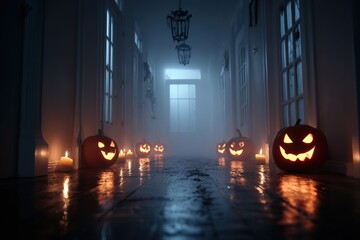 Dark foggy Halloween evening with glowing carved pumpkins lining a deserted, eerie street. The scene is illuminated by jack-o'-lanterns and warm street lights, creating a mysterious and atmospheric Ha
