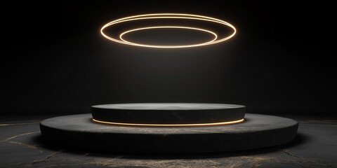 Glowing ring hovers above matte black platform, creating futuristic and mysterious atmosphere. dark background enhances luminous effect of ring, adding depth and intrigue