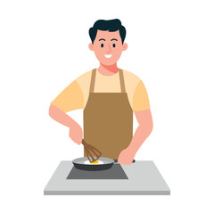 Man Whisking Eggs in Frying Pan