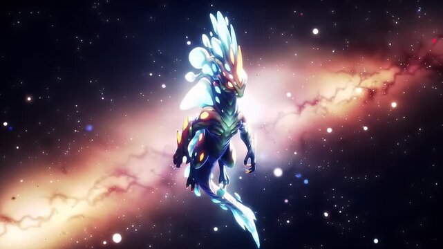 Alien creature floats in cosmos with a nebula background and many stars