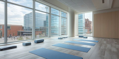 Fototapeta premium Ein leerer, moderner Yogaraum mit Pilatesboden und -matten, einem großen Fenster und einem geräumigen Innenraum, der eine ruhige und einladende Atmosphäre zum Entspannen und Trainieren schafft