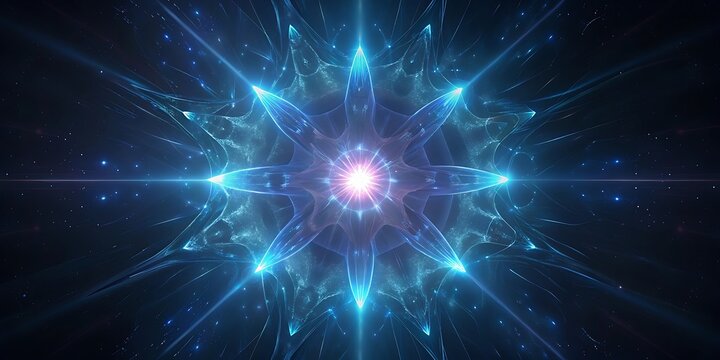 A vibrant blue fractal starburst explodes with radiant light and cosmic energy.