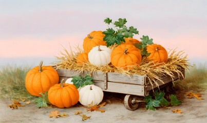 Pumpkin Harvest Scene A pile of pumpkins in a wooden cart, hay and autumn leaves, sunset in the background, vintage postcard illustration,