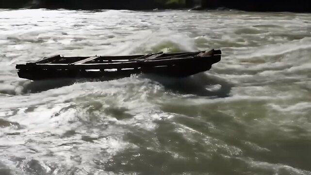 Rough River Ride.
Description A rickety wooden raft navigates turbulent white water rapids on a river