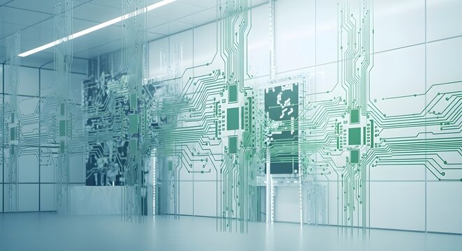 Abstract Futuristic Technology Background: Circuit Board Overlay in Modern Office Space