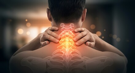 Man Gripping Aching Neck Illuminated Cervical Spine