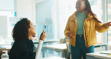 Happy woman, student and question with group in classroom for higher education or learning. Female...