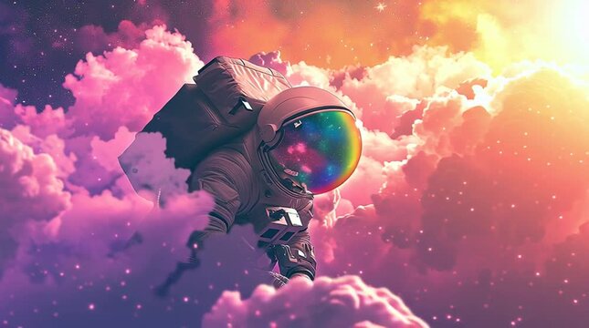 Astronaut floating in surreal rainbow space with vaporwave clouds and dreamy synth vibes

