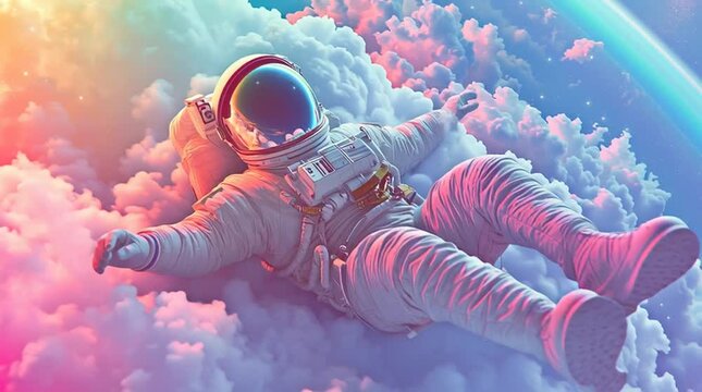 Astronaut floating in surreal rainbow space with vaporwave clouds and dreamy synth vibes

