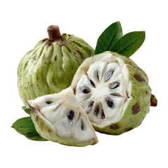 Fresh Cherimoya Fruit with Green Skin and Sliced Section on White Background