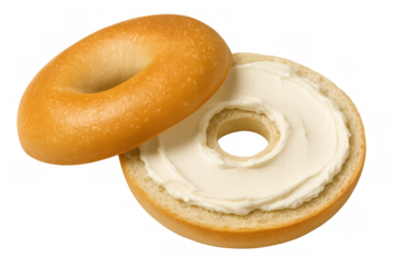 Toasted bagel spreading creamy cheese, showcasing breakfast delight against clean transparent backdrop