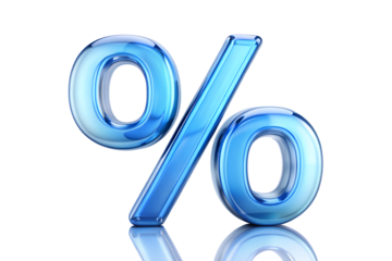 A blue glass percentage sign isolated on transparent background represents a sale
